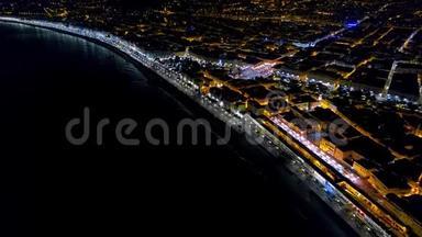 4尼斯法国海滨<strong>长廊</strong>、地中海和机场<strong>景观</strong>的鸟瞰图。 法国城市夜景。 夜晚